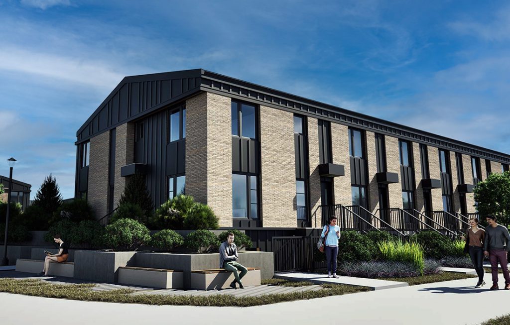 Rendering of ZEN Belmont Net Zero townhomes in Calgary, featuring modern brick and black metal exteriors, large windows, and landscaped green spaces with pathways and seating.