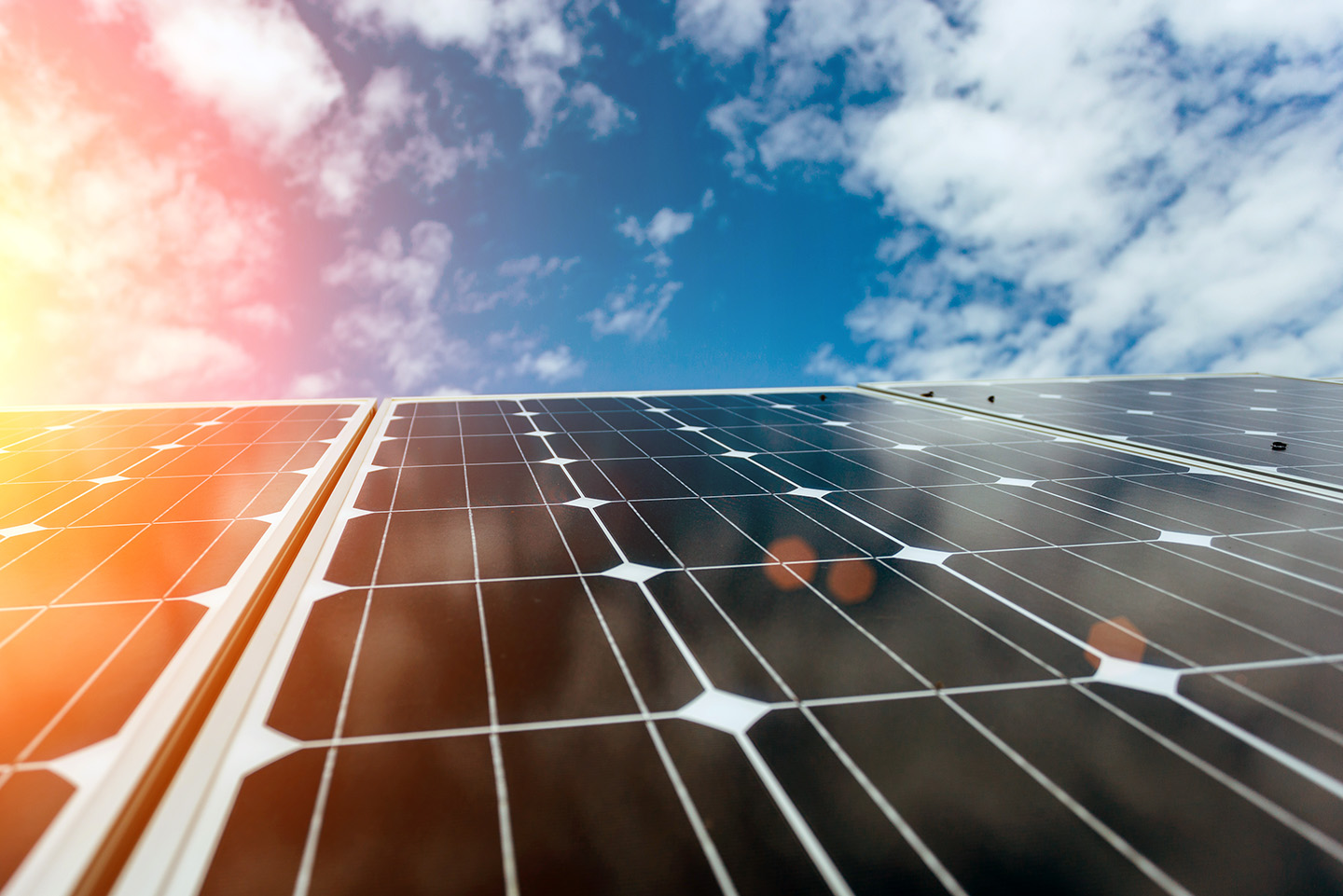 Solar panels absorbing sunlight during sunset, symbolizing Avalon Homes’ commitment to Net Zero energy-efficient living.