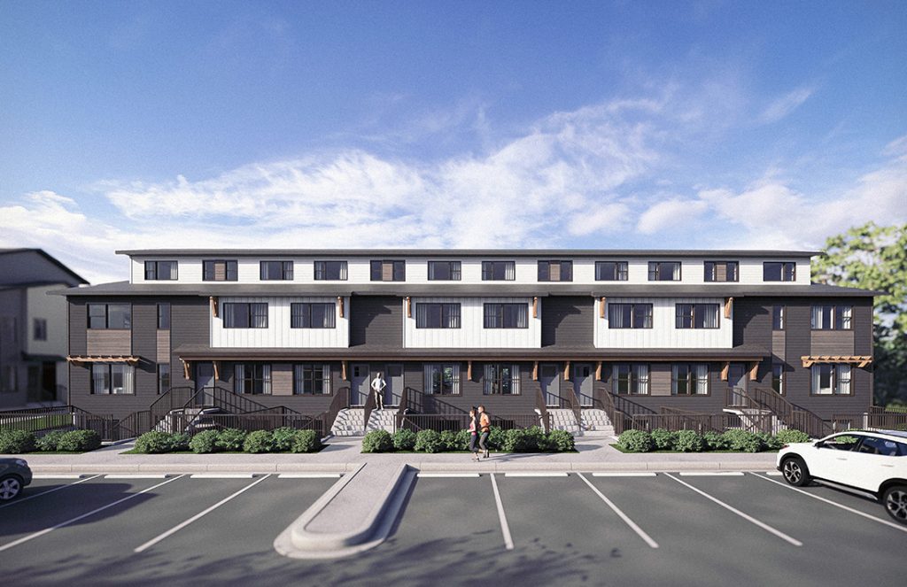 Rendering of ZEN Mahogany townhomes by Avalon Homes featuring modern Net Zero Ready design and community-focused layout.
