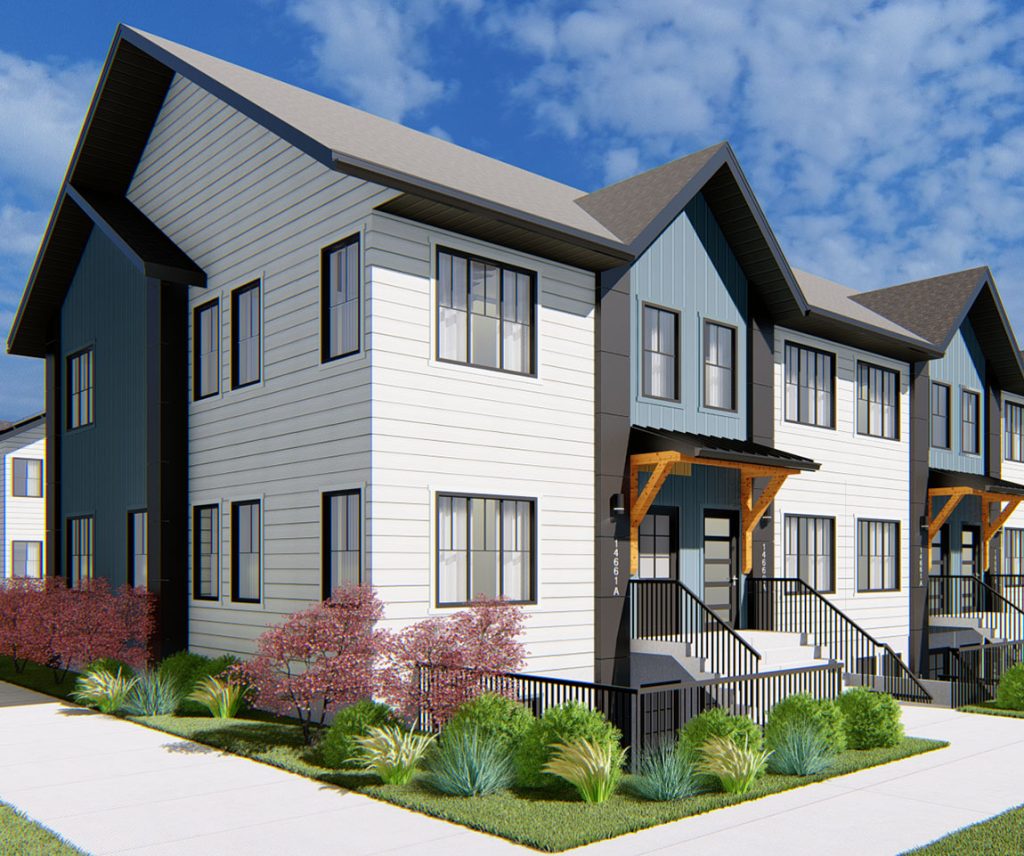 ZEN Livingston townhome rendering by Avalon Homes featuring Net Zero Ready design and modern prairie-style architecture.