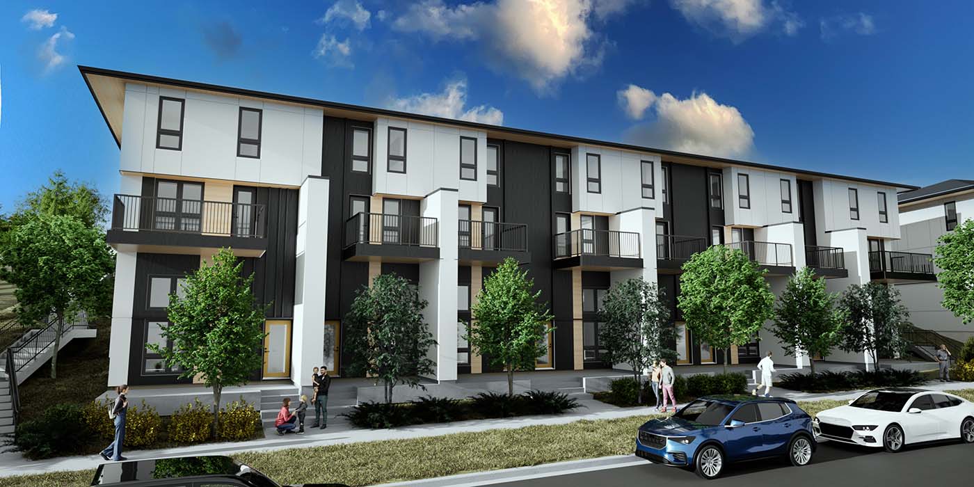 Architectural rendering of Avalon Homes’ ZEN Net Zero Ready townhomes with energy-efficient design and vibrant curb appeal.