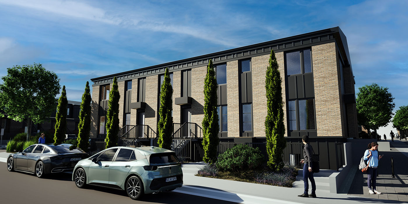 Architectural rendering of a modern two-story townhouse building with a tan brick and dark grey facade. Several tall, slender evergreen trees are planted along the front, and two cars are parked on the street in the foreground.