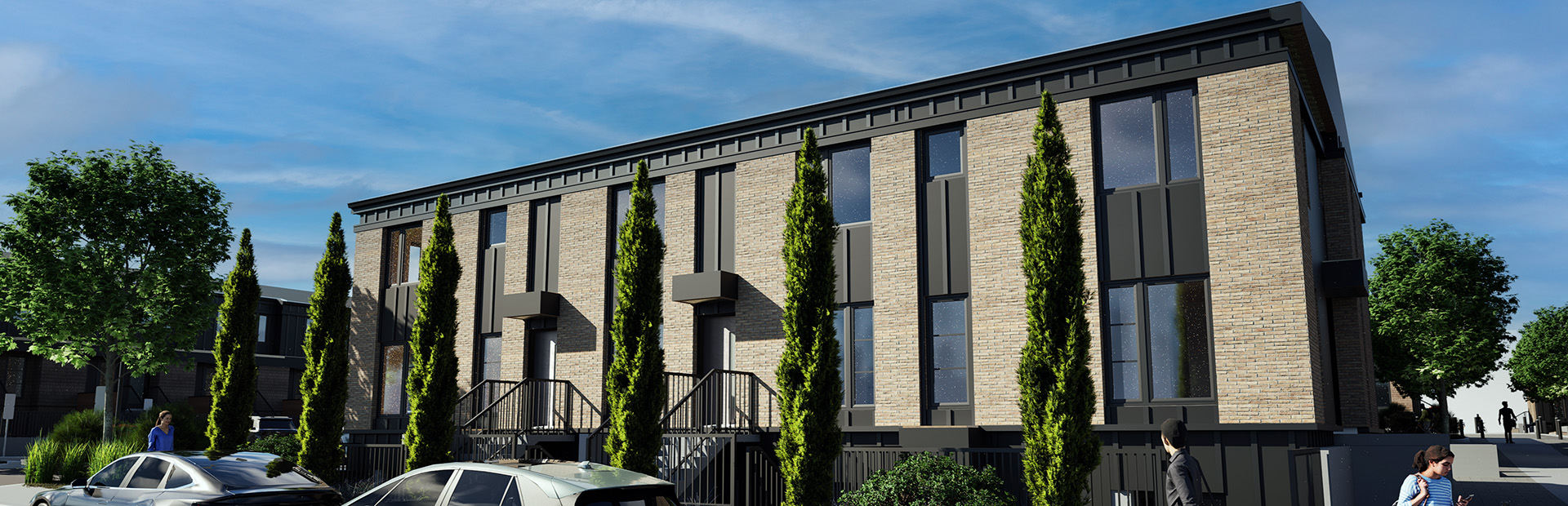 Architectural rendering of a modern two-story townhouse building with a tan brick and dark grey facade. Several tall, slender evergreen trees are planted along the front, and two cars are parked on the street in the foreground.