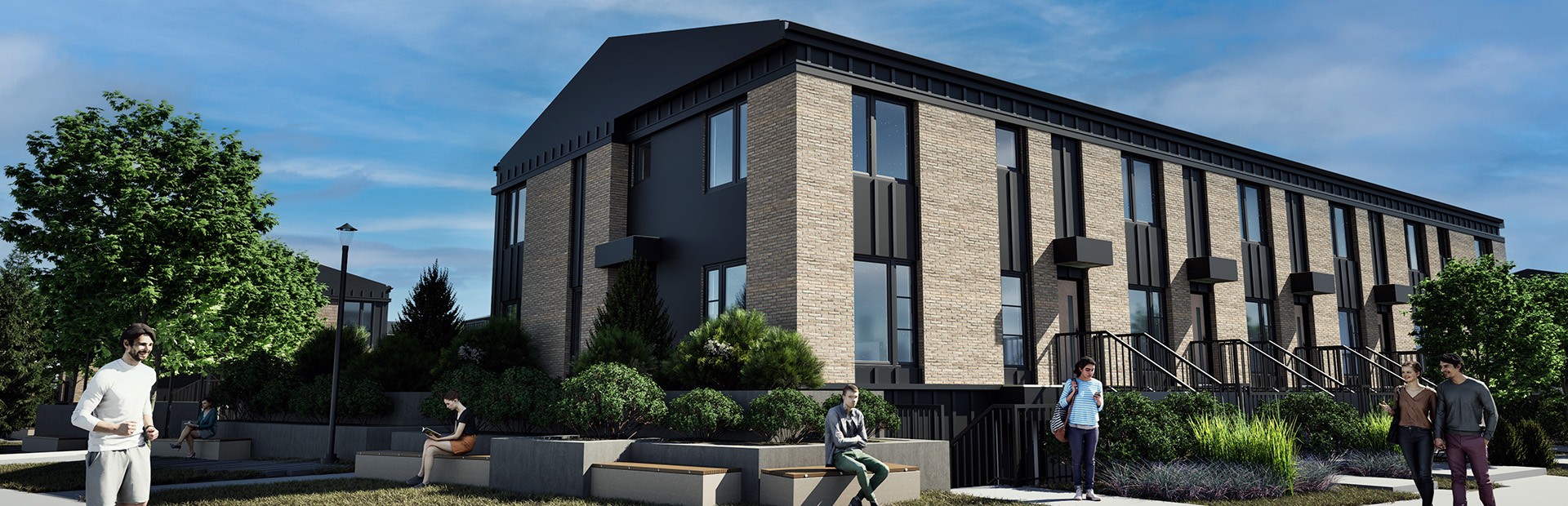 Architectural rendering of a modern two-story townhouse building with a tan brick and dark grey facade.