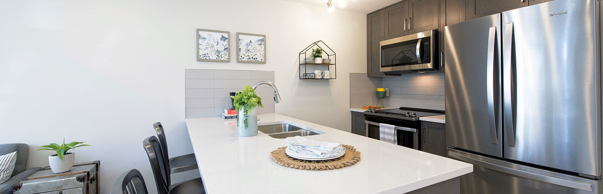 Modern kitchen in ZEN Braeburn townhome by Avalon Homes featuring quartz countertops, stainless appliances, and open layout.