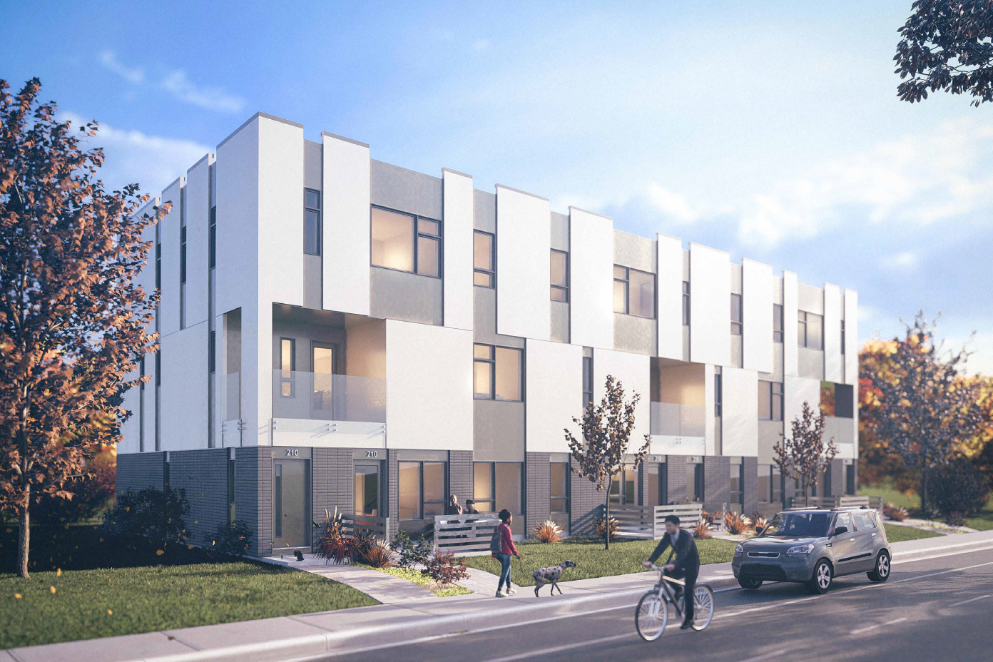 An architectural rendering of a modern three-story townhouse complex with a white and grey geometric facade. The scene includes people walking a dog and a person riding a bicycle on the street in front.