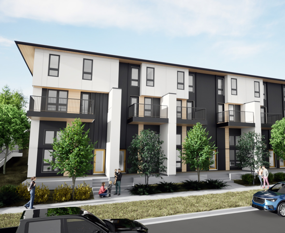 Rendering of Avalon Homes’ ZEN Net Zero Ready townhomes with modern architecture in a vibrant Calgary community streetscape.